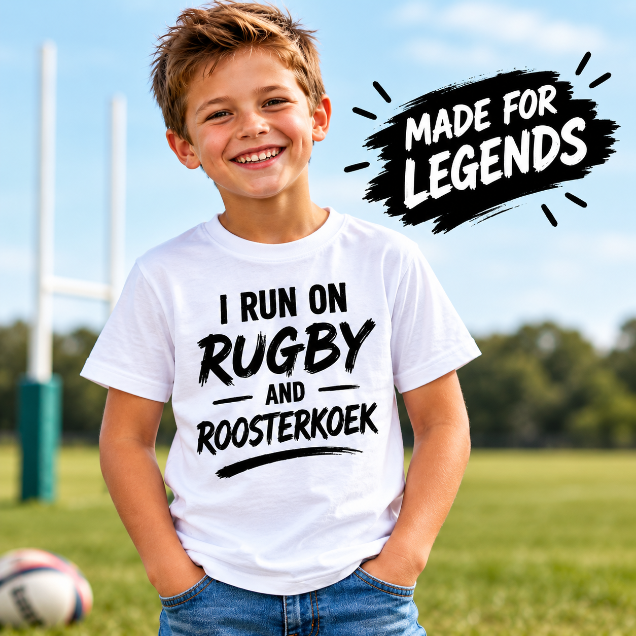 Boys Tee — I Run on Rugby and Roosterkoek